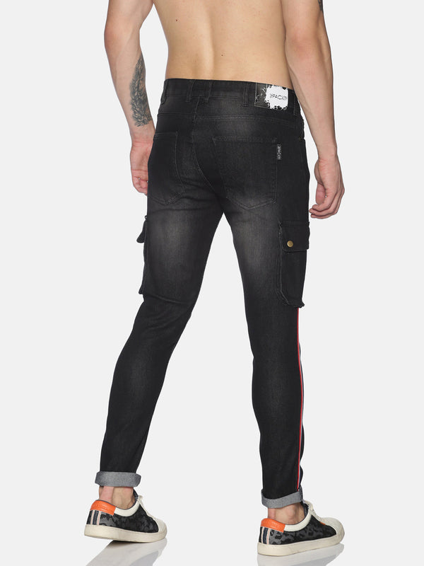 Fashion Black cargo Jeans with stripe tape at side seam